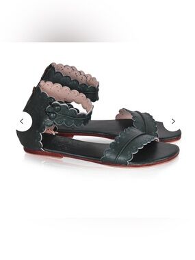 ELF Scalloped Double-Strap Flat Sandals in Dark Green and Blush